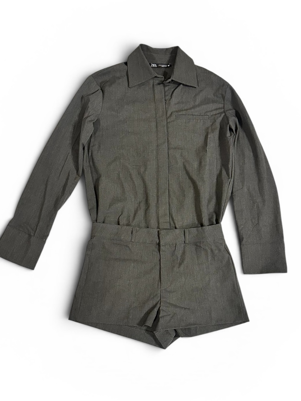 Zara Gray Collared Long-Sleeve Romper